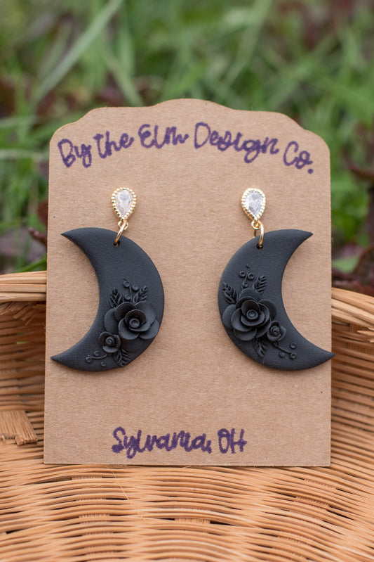 Dark Moon Floral Accent Dangles - 14k gold plated post (nickel free)
